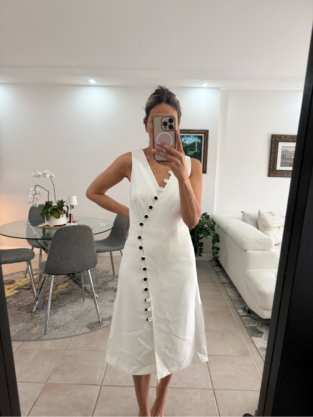 Alexis White Sleeveless V-Neck Midi Dress with Black Buttons - Picture 3 of 8